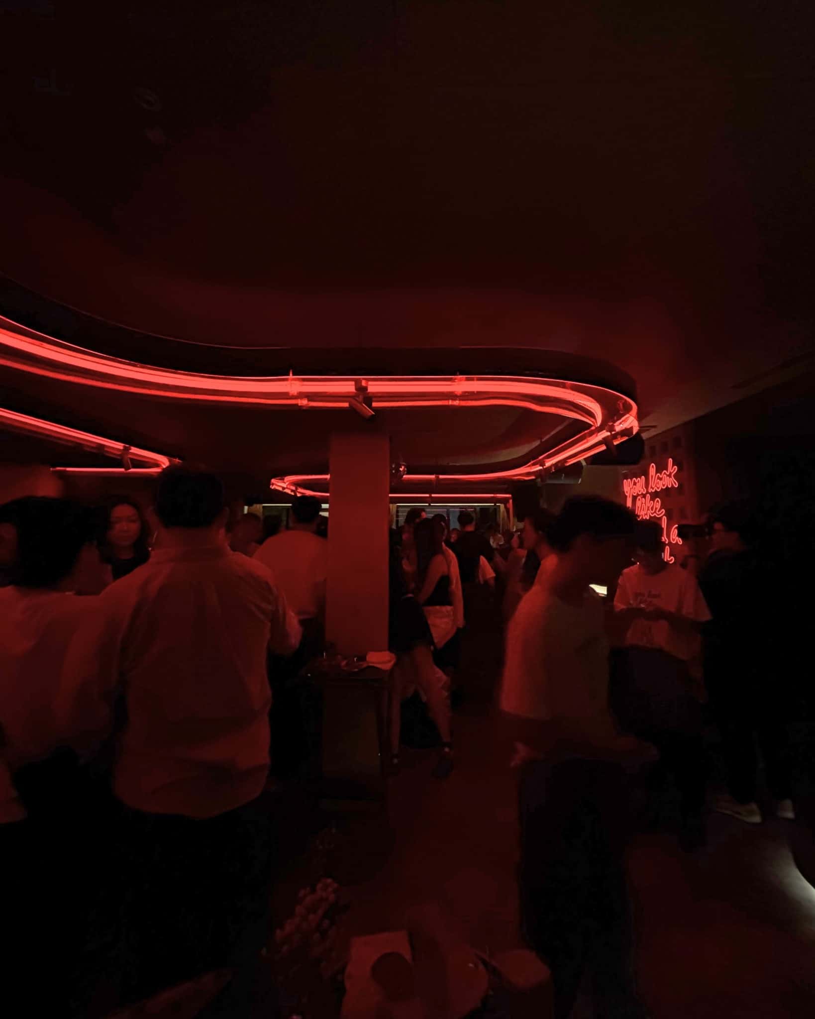 Neon curved red lighting and a crowd of people in the dark space.