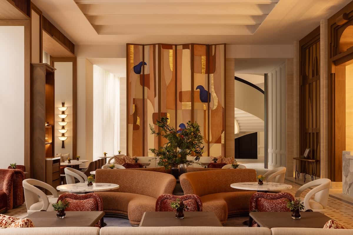 Some birds on a screen a large comfortable room.