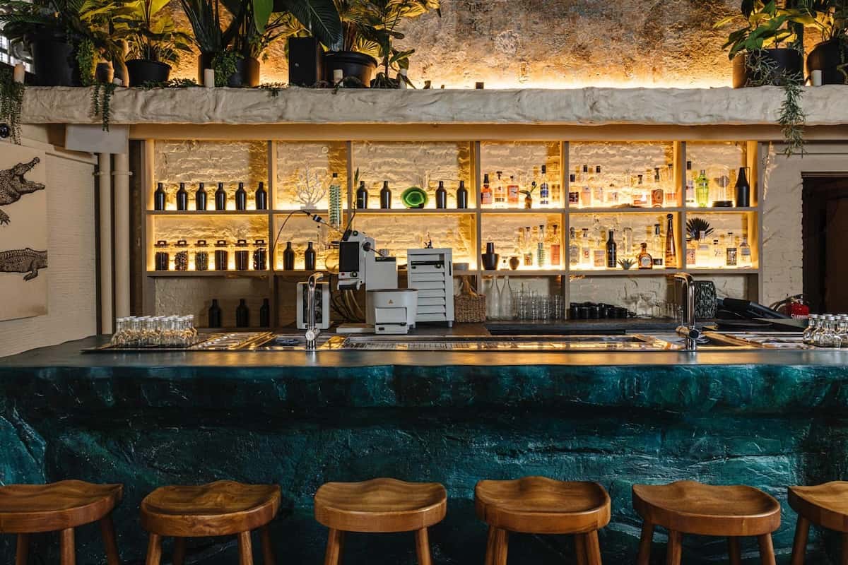 a bar with a shelf with bottles and shelves
