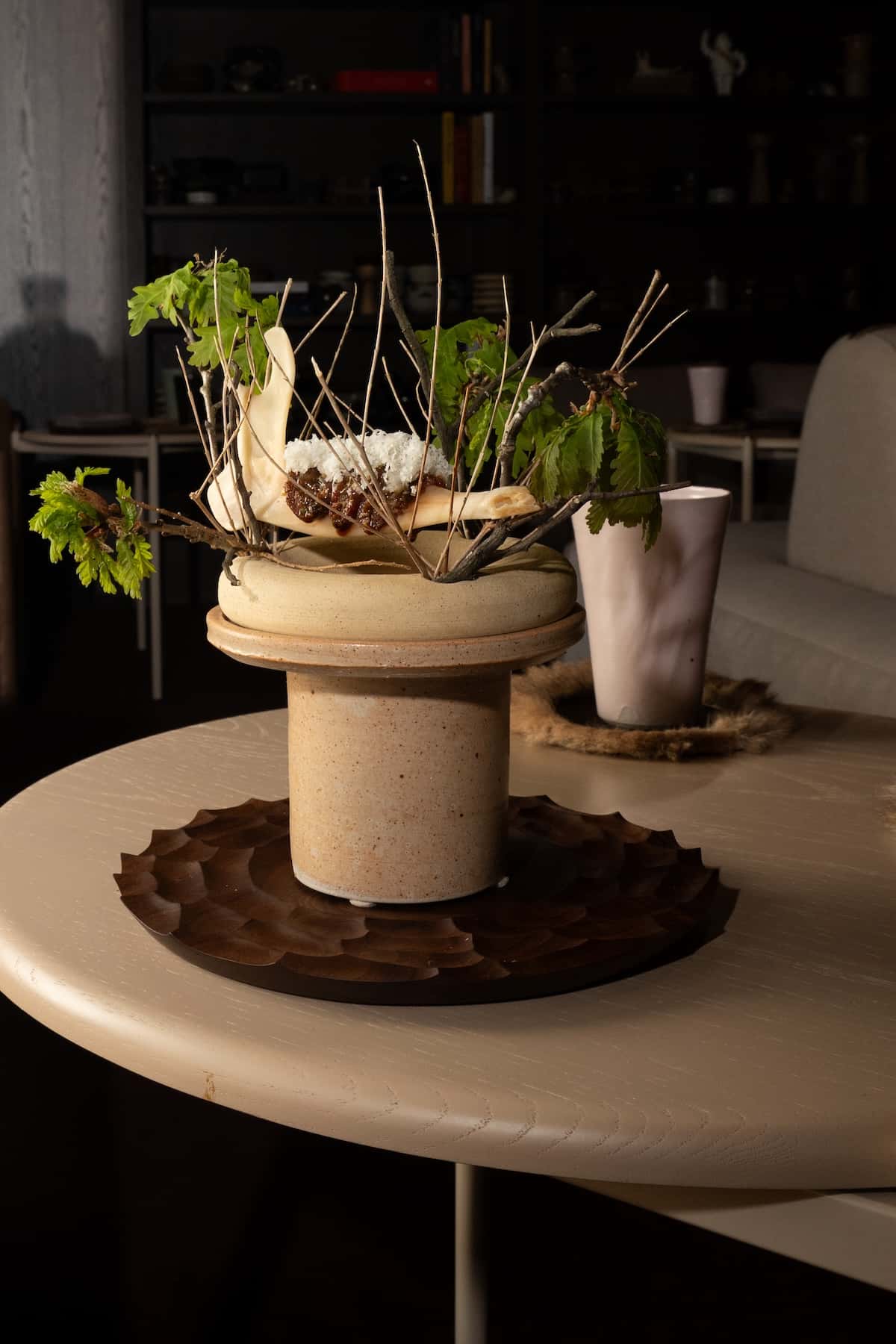 Some plants in a pot on a table